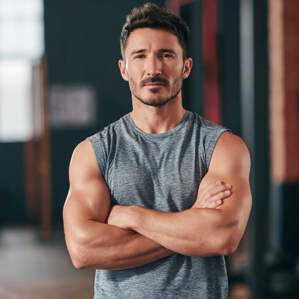 Confident athletic man in gym setting with determined expression, wearing workout clothes