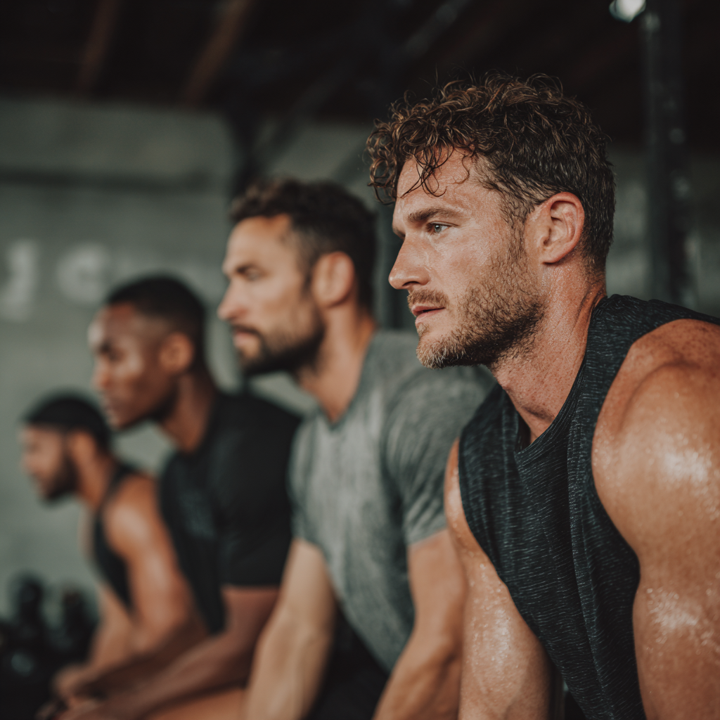 Group of motivated men in fitness setting showing strength and determination during workout